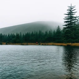 A polaroid photo of a group of fir trees in the background and a high hill in the distance. A person. A lake. The surface below is in a pastel color. Fog is present.