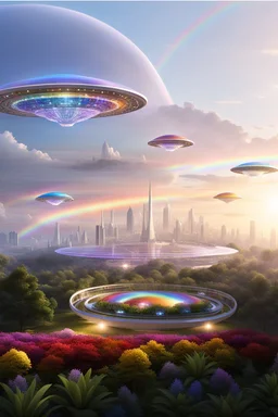 ufo rainbows, cité cristal très futuriste ultra moderne, ufos fleet, intergalactic, dômes de cristal, beautiful gardens , flowers