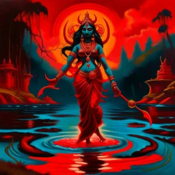 An oil painting of goddess Kali crossing a lake, neon red colors,