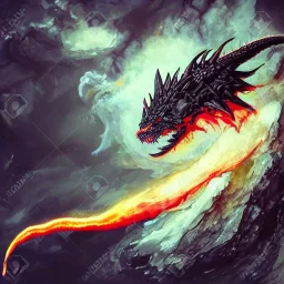 dragon flying with black, opaque scales, volumetric lighting, photo realistic, dark fantasy, dramatic, ferocious, spitting red hot fire out of it's mouth over the ocean with a erupting volcano that is leaking through the sides, dramatique middle ages 79924533