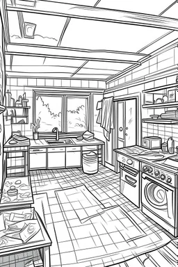 Outline art, house design, laundry room, no shading, no lines, cartoon style, --ar 9:11