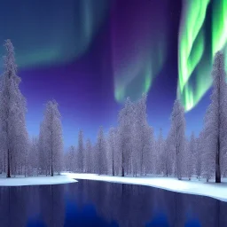 high-quality, fine-detailed winter forest surrounding reflective lake with northern lights in sky, intricate, defined snow-covered trees, a still, black, reflective lake, irridescent, radiant, colorful aurora borealis in night sky, 8k resolution, photorealistic, 3d octane render, digital art, detailed matte, voumetric lighting, photgraphy by Arild Heitmann, Justin Ng, David Lane, Troy Casswell, Luc Perrot