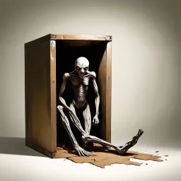 by Phlegm and Aaron Campbell, Matte oil painting, Metaphorical depiction of Claustrophobia, ominous humanoid long limbed gaunt creature contorted into a small box, surreal, dramatic, sinister, profound