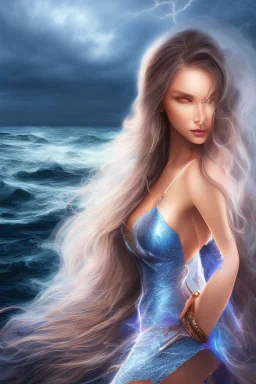 half body shot,realistic portrait of a 20-25 old femal model, long blue pink flowing hair, great grey eyes, ,full body, standing in rocky beach , very big ship, stormy sea with sunset ,clouds,god rays ,storm,rocky beach