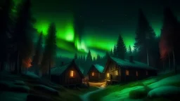 Medieval gloomy village in the forest, northern lights