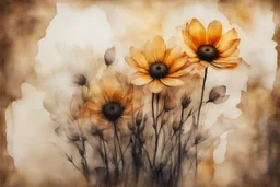 double exposure, merged layers, painted and burned burlap, beautiful collection of flowers, melting watercolor and black ink outlines on wet paper, soft, shading strokes, in sunshine, ethereal, otherwordly, cinematic postprocessing, bokeh, dof