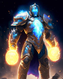 An armor made of a mixture of steel and leather, worn by a strong commander with magical power K's infinity gauntlet has six infinity stones While standing on a majestic height from afar A flaming-eyed commander with flaming light blue pupils stands atop a squire