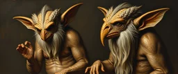 master oil painting by Rembrandt realistic rendering Portrait of the gremlin Apkallu sages who were sent by the god Ea to teach civilization to humanity before the flood. They were depicted as half-human and half-fish or bird, and were associated with wisdom, magic, and culture.