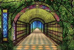 open iron gates made of colorful stained glass, covered in vines, trees, very large entry leading to a lush garden, see lot details in the garden, photo realistic 4k, nature, beautiful hand laid checkered pattern stone walkway path, trending on artstation, sharp focus, studio photo, intricate details, highly detailed, by greg rutkowski