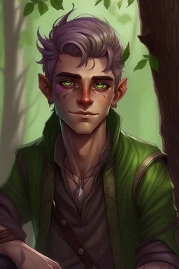 Young male wood elf, rogue, light brown skin, bright green eyes, mauve hair, black leather, mischievous, trees, stoner