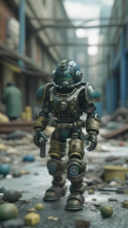 fallout 4, insulated armor, spacesuit, lots of small details, sci-fi movie style, on a ruined city street, overcast, photography, bokeh like f/0.8, tilt-shift lens 8k, high detail, smooth render, down-light, unreal engine