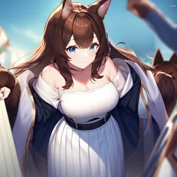 Clear focus, High resolution, Long fluffy brown hair, blue eyes, wearing a white skirt, detailed outfit, wearing a jacket oversized off shoulder, rough line, hair above ears, dog ears, off shoulder white shirt, chopped bangs