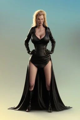 Kim Basinger in black leather gown, evil, villain, busty, cleavage, curvy, angry, happy, stern look. character design by cory loftis, fenghua zhong, ryohei hase, ismail inceoglu and ruan jia. unreal engine 5, artistic lighting, highly detailed, photorealistic, fantasy