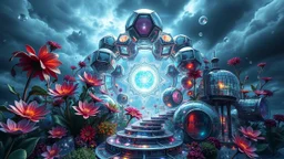 Dynamic complex hypnotic of 3D structures Symmetry twisting and morphing between cifi plants , cifi flowers and metal geometric 3d structures buildings , smooth translucent iridescent glass with inner glow and bubbles, varied transparent materials, stormy skies, intense dramatic