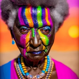 masterpiece, best quality, old woman, dark skinned, sparkling eyes, fluorescent skin, colorful makeup, afro, head shot, highly detailed body, sun light, 4K, RAW, depth of field, high contrast, realistic details, 24mm