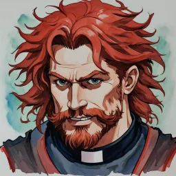 dnd, fantasy, watercolour, portrait, illustration, male, face, determined, happy, priest, red hair, very long hair, radiating light, stubble