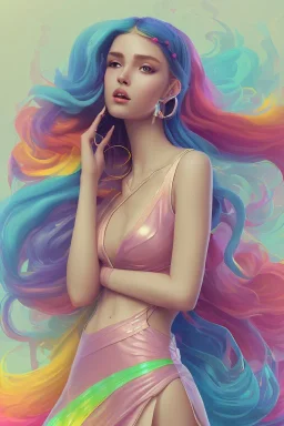 isometric clean art of super beautiful lady, soft lighting, soft pastel gradients, high definition, 3d icon clay render, blender 3d, beautiful, long hair, rainbow hair, rainbow dress, feline eyes and ears