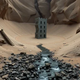 Fotografia iperrealistica di una spianata circondata da pareti lisce, con terreno argilloso e calcareo, e un piccolo un corso d'acqua che scorre su un letto di rocce scure. Al centro c'è un edificio contorto a più piani di colore grigio. Su una parete a sinistra si aprono delle scale che scendono verso il torrente