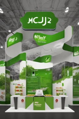 Corner green exhibition stand of a food company with product displays and a meeting area