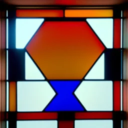 Hyper realistic piet mondrian stained glass window with lead, 4k, sunny day outside