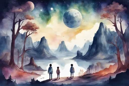 illustration concept art water color style for teenagers in other planet watching the moon and mountains having adventure two teenagers mystery weird cretures trees exiting