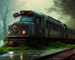 warrior stand in front, an abandoned train on tracks overgrown by nature with large puddles of water flooding part of tracks, 8k resolution, high-quality, fine-detail, intricate, digital art, detailed matte, volumetric lighting, illustration, 3D octane render, brian froud, howard lyon, selina french, anna dittmann, annie stokes, lisa parker, greg rutowski