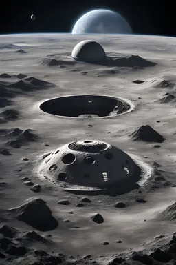 secret alien base on the moon with craters around and planet earth far in the background