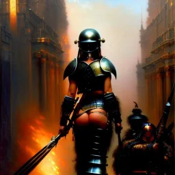 portrait 'Beautiful booty, Busty Blonde in black bra ',ancient metal armor and helmet ,painting by gaston bussiere, greg rutkowski, yoji shinkawa, yoshitaka amano, tsutomu nihei, donato giancola, tim hildebrandt, oil on canvas, cinematic composition, extreme detail,fit full head inside picture,16k