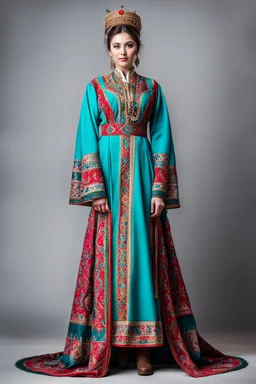 young lady in Azerbaijani national costume standing full body shot