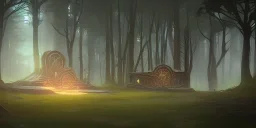 Crypt in the forest surrounded by swords in the ground, light rays, day time