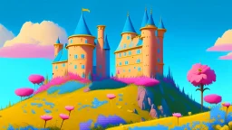 Castle on a hill, Pink walls, orange towers, yellow flowers on the ground, dark blue roof and aqua blue sky, very detailed and realistic