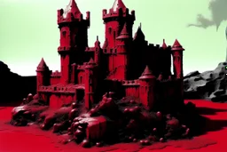 A dark red castle in a wasteland covered in mold designed in Ica stones painted by Andy Warhol