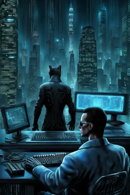 cyberpunk programmer black_Cat_Typing_on_computer_background binary codes, surrounded_by_mindent_3D_binary matrix codes and neutron mesh_etheral, Paranoid_sci-fi_in background_a_tall_cyberpunk_city, the cat-man watchings monitor, Hyperrealistic texture, high detail, Sinister, cold dynamic lighting, dark-neon colors, Ultra_HD_intense_focus