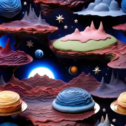 Detailed creepy landscape made of cake-frosting and modeling clay, stars and planets, Amano, Roger Dean l, strong texture, Ernst Haekel, extreme detail, intricate, colours, Max Ernst, decal, rich moody colors, sparkles, bokeh, odd