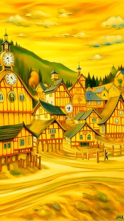 A golden yellow Japanese village with mystic clocks painted by Edvard Munch