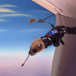 close-up detailed matte painting of a ferret wearing a jumpsuit with parachute harness jumping out of a plane, skydive, sunlit sky, intricate, ultra-fine detailed, 8k, high-quality, 3d, realistic, digital art, brian froud, howard lyon, selina french, anna dittmann, annie stokes, lisa parker, greg rutowski, alphonse