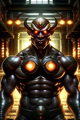 Digital art, high quality, digital masterpiece, natural illumination, spotlight, evening, realistic, film style, comicbook style, beautiful, (full body:3), (1 crabman:3), (fierce demonic face:1.8), (red shiny eyes:1.6), tan skin, (Demonic face on chest:1.5), (Peruvian temple:1.8), (Peruvian town in flames at background:2)