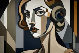 cuadro estilo cubismo que represente a una mujer con sombre, mirando lateralmente y con mirada melancólica