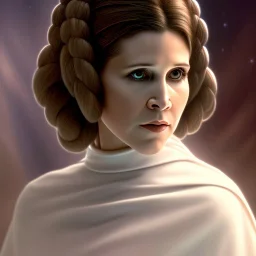 extremely detailed 8k hyperspace wallpaper,complete and photo realistic detailed head to waist stunning photo realistic portrait of carrie fisher as Princess Leia in star wars with photo realistic fine and simple hairstyle, brown eyes, professional majestic photo realistic painting by Ed Blinkey, Atey Ghailan, by Jeremy Mann, Greg Manchess, Antonio Moro, trending on ArtStation, Intricate, High Detail, Sharp focus, dramatic, by greg rutkowski, realism, beautiful and detailed lighting,