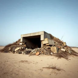 Fotografia di un grande buco moderno brutalista, che sembra un tugurio, parzialmente sommerso in una collinetta di oggetti. La struttura è erosa e inglobata dal paesaggio naturale, come se il tempo o l'ambiente avessero iniziato a "riassorbirla". L'atmosfera è desolata e surreale, con un ambiente circostante spoglio e sabbioso hasselblad h6d400c --ar 85:128 --v 6.0