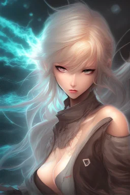 Stunning anime beauty with striking looks in a stormy background