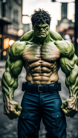hulk, moody good lighting, best quality, full body portrait, true portrait, complex details, depth of field, Fujifilm xt3, outdoor, beautiful light, raw photo, 8K UHD, police