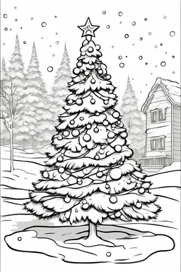 Outline art for color page of a decorated christmas tree i, in medium detail, white background, sketch style, full landscape, snow, only use outline, clear line art, white background, no shadows and clear well outlined. cartoon style