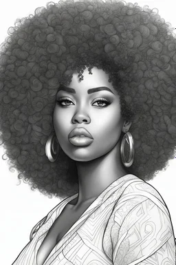 Create a coloring page of a beautiful curvy black female looking to the side with tight curly afro. No shading, No color, define lines, clean lines