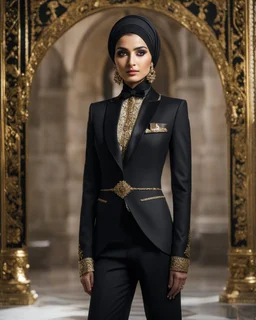 A length image ,professionals photography cinematography, stand action pose an beautiful young girl super model iranian wearing islamic hijab as spy detective with shoulder length wearing luxury jewelrys and lipstick. She is wearing a islamic fashion luxury tuxedo with a black bowtie. Her jacket is black decorations golden art and it is not buttoned. Her jacket has a corsage,She is smiling. Her cufflinks are black.stand pose in futuristic