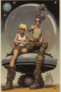 tank girl, big boots, reslistic, sit on mechanic sputnik sphere robot,