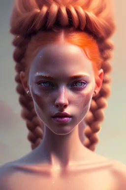 girl, cute, beautiful, orange hair, two braids, wild bangs, blue eyes, big eyes, freckles, long eyelashes, pink lipstick, thin lips, small nose, Gillian from Practical Magic, 8k resolution concept art portrait by Greg Rutkowski