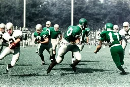 Boston Shamrocks Football team playing against the Toronto Rifles Football team, vintage, hyper-realistic, in color, 1950s football