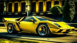 yellow sport car, big wheels, old model, lambo countach influence