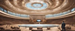 Standing in the center of the UN Assembly Hall, hyperrealistic 16k, 3d rendering, expressively detailed, dynamic light, expressive lighting,